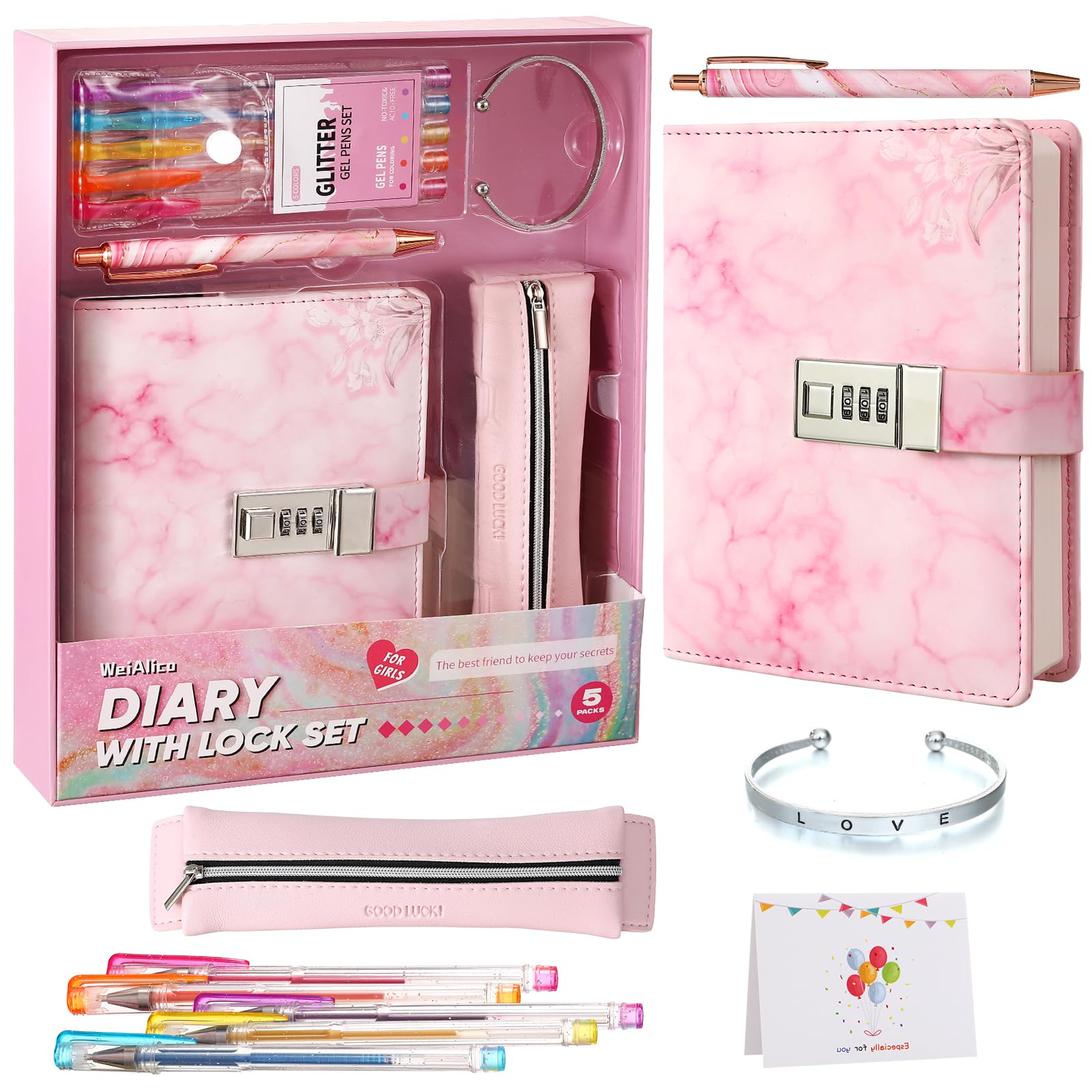 WeiAlico Secret Diary with Lock on pink marble cover, secure space for thoughts