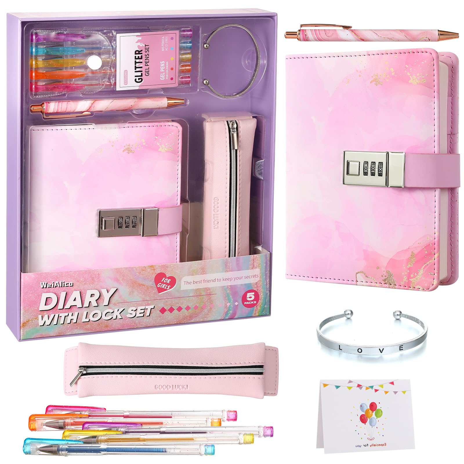 WeiAlico secret diary lock pink violet watercolor cover for private journaling.