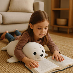 WEIGEDU White Baby Seal Plush Pillow side view highlighting seal features.