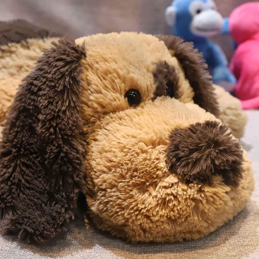 WEIGEDU floppy dog plush face closeup; ultra-soft fur for comforting hugs.