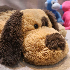 WEIGEDU floppy dog plush face closeup; ultra-soft fur for comforting hugs.