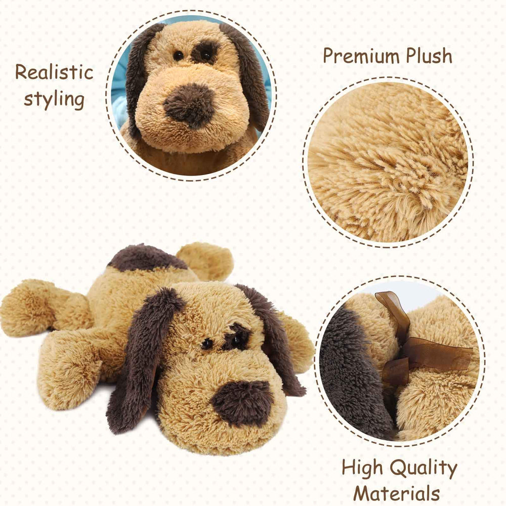 WEIGEDU floppy dog plush being hugged by a child; treasured bedtime friend.