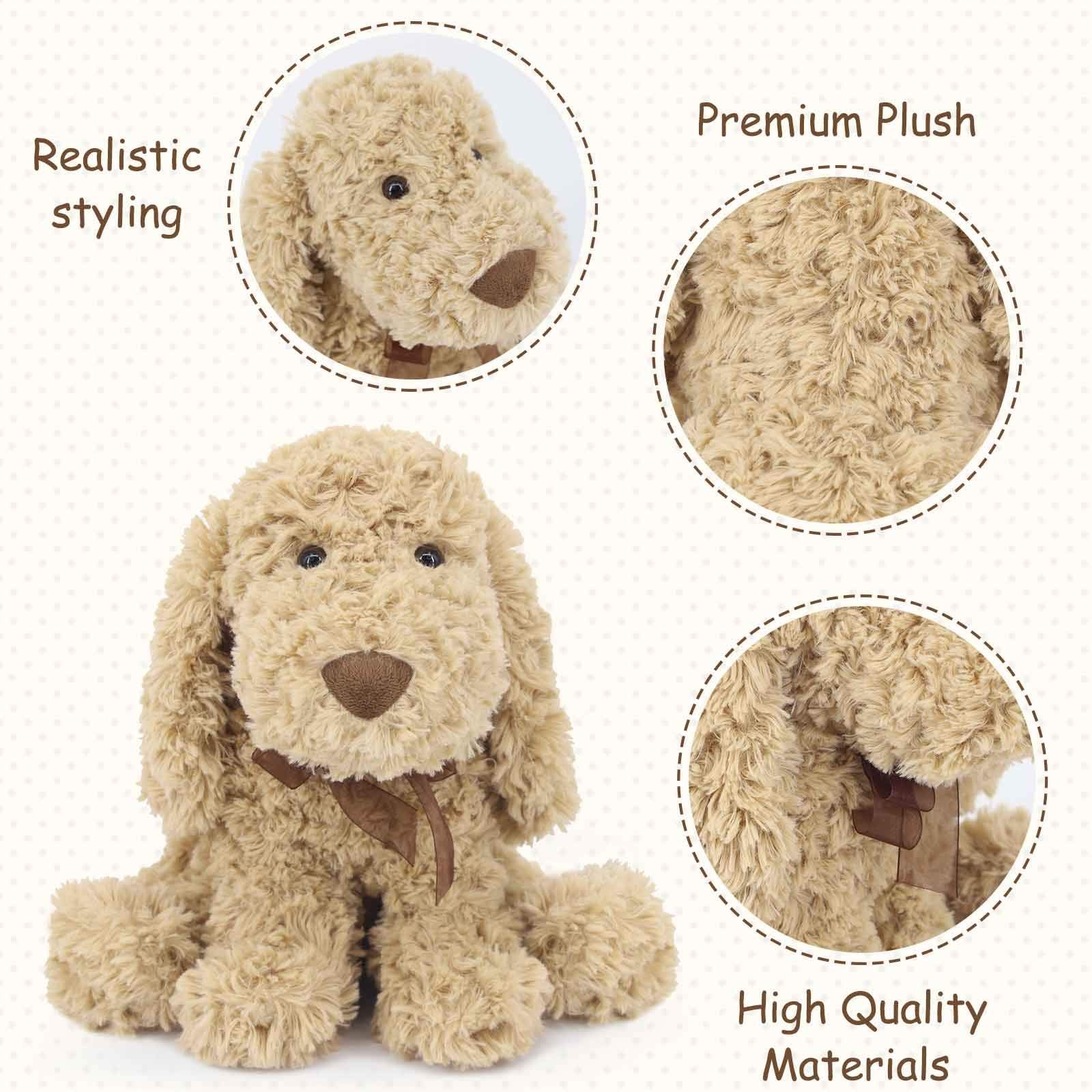 WEIGEDU Goldendoodle stuffed animal designed for kid-friendly dress-up and storytelling.