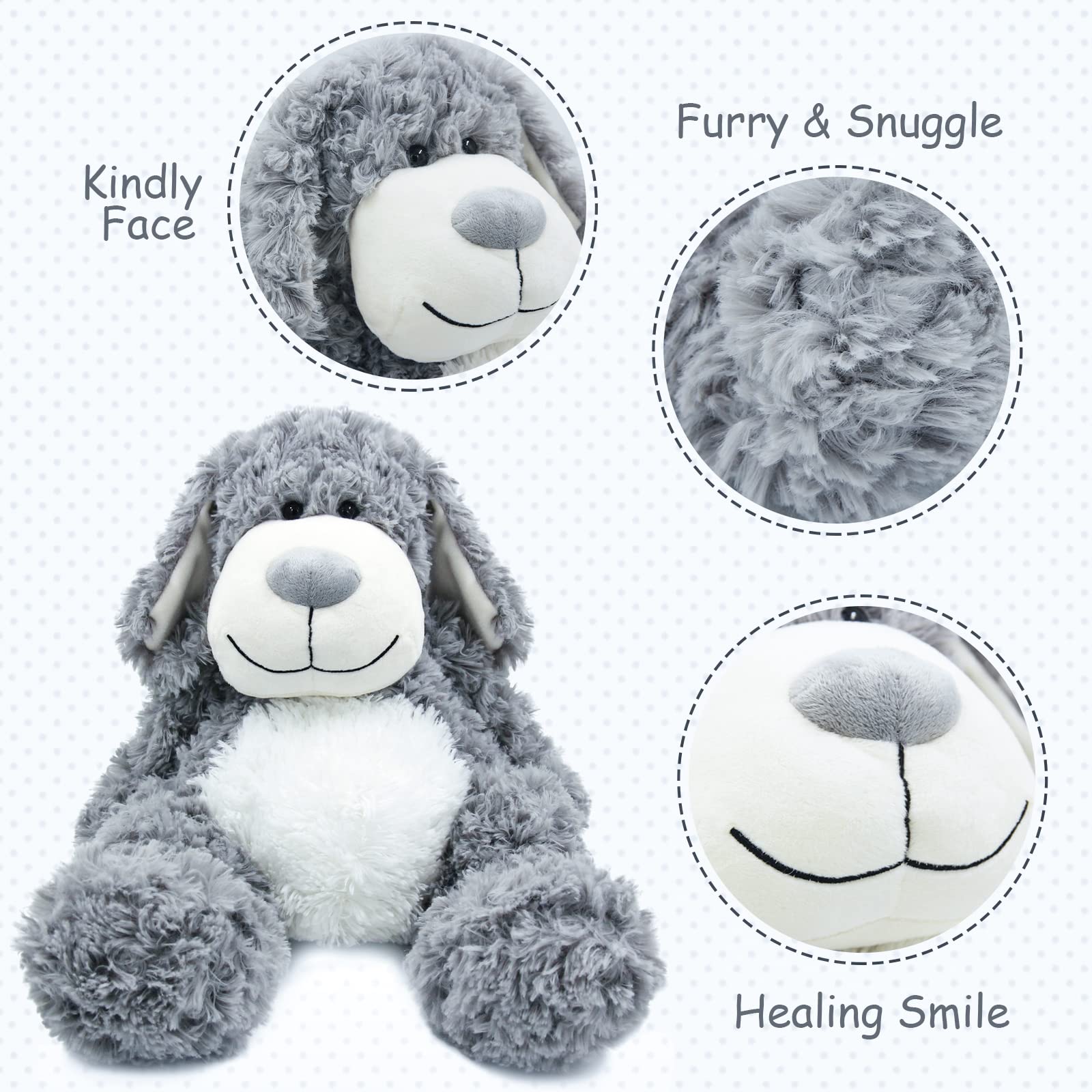 WEIGEDU Smiling Gray Puppy snuggle pose offers comforting bedtime companion