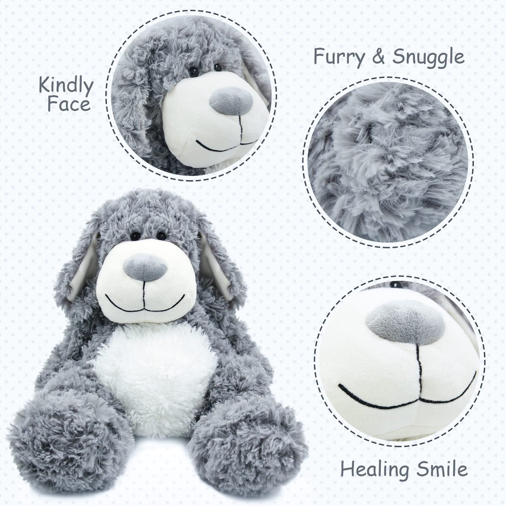 WEIGEDU Smiling Gray Puppy snuggle pose offers comforting bedtime companion
