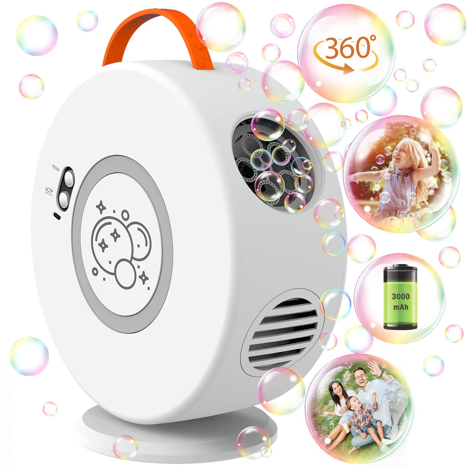 Weilim Bubble Machine with 90-degree rotation for immersive outdoor bubble action.