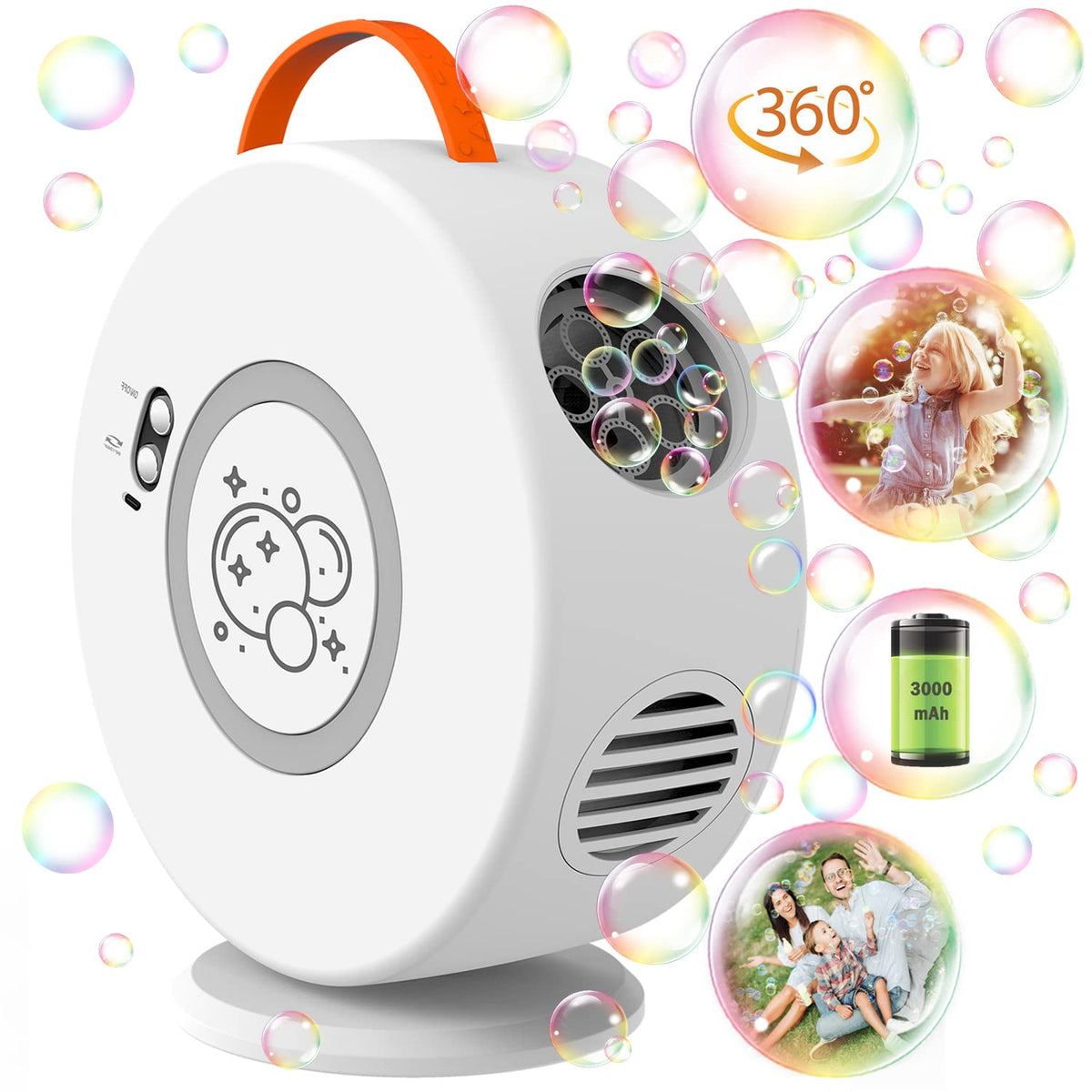 Weilim Bubble Machine with 90-degree rotation for immersive outdoor bubble action.