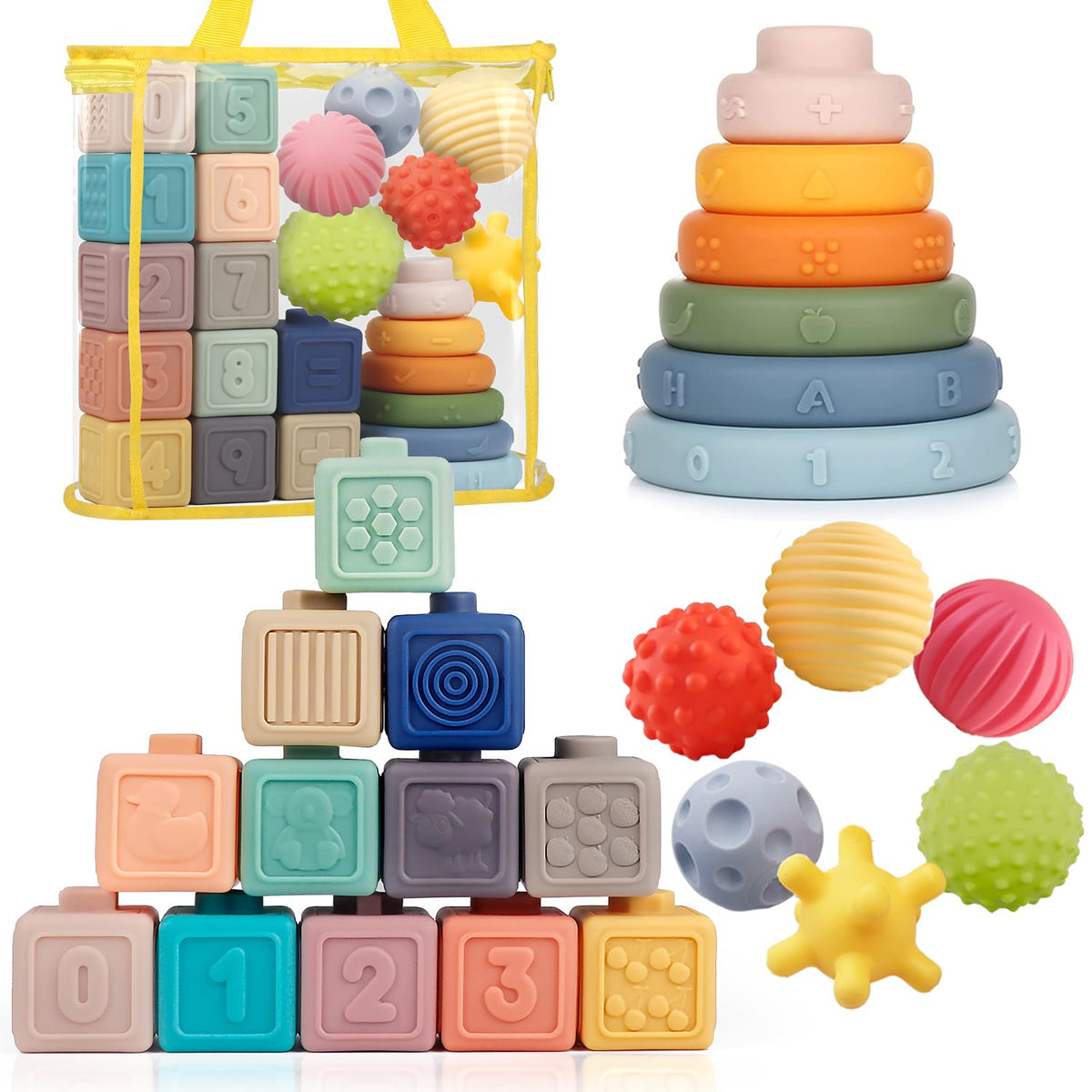 Weilim Montessori soft blocks with embossed cubes for tactile learning.