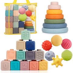 Weilim Montessori soft blocks with embossed cubes for tactile learning.
