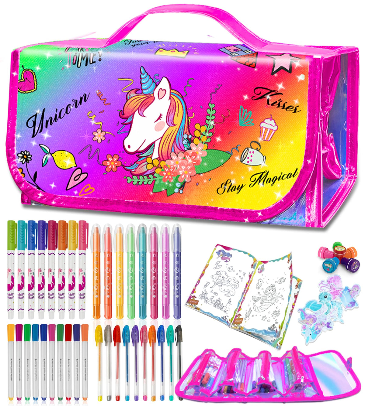 weirtoya 56pcs washable scented markers with glitter pencil case for portable art on the go