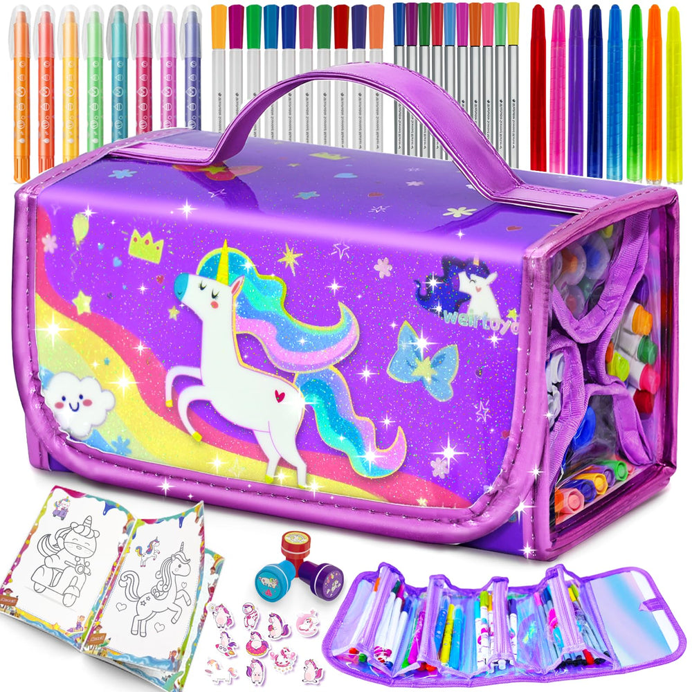 Weirtoya 56pcs washable scented markers set in unicorn case for kids' art projects.