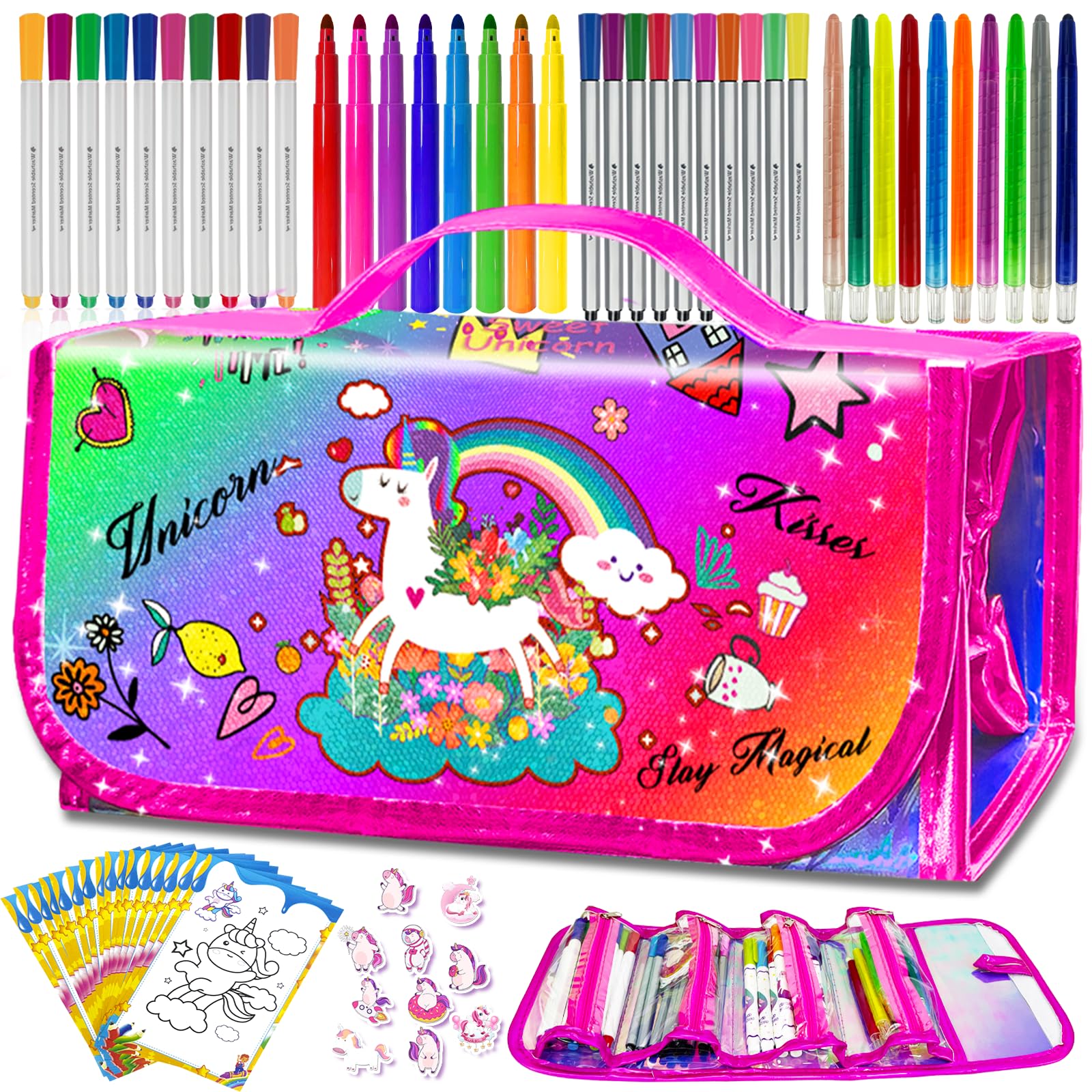 Weirtoya unicorn marker set in glitter pencil case for organized art sessions.