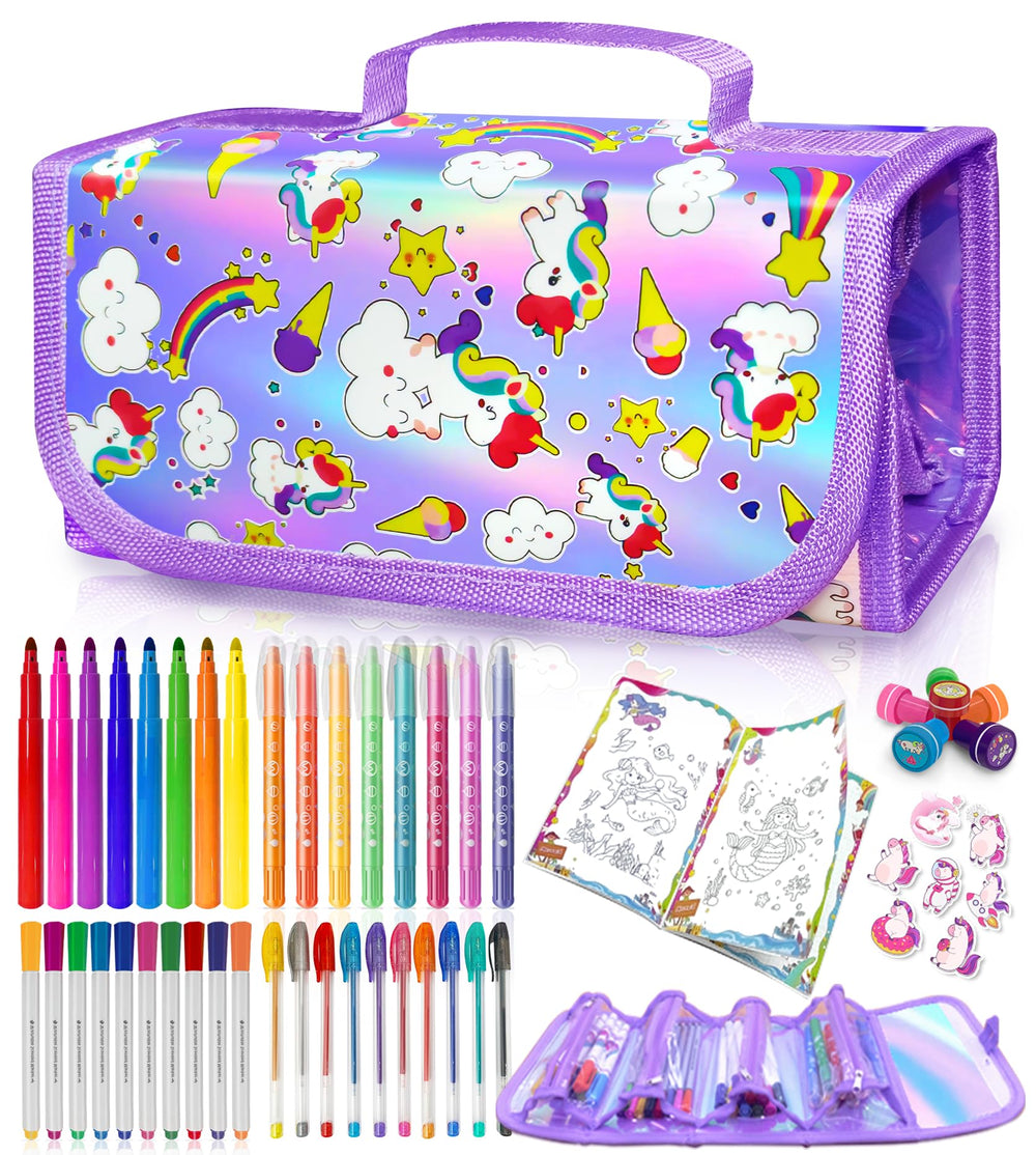 Weirtoya unicorn markers 56 piece in glitter pencil case for kids art sessions