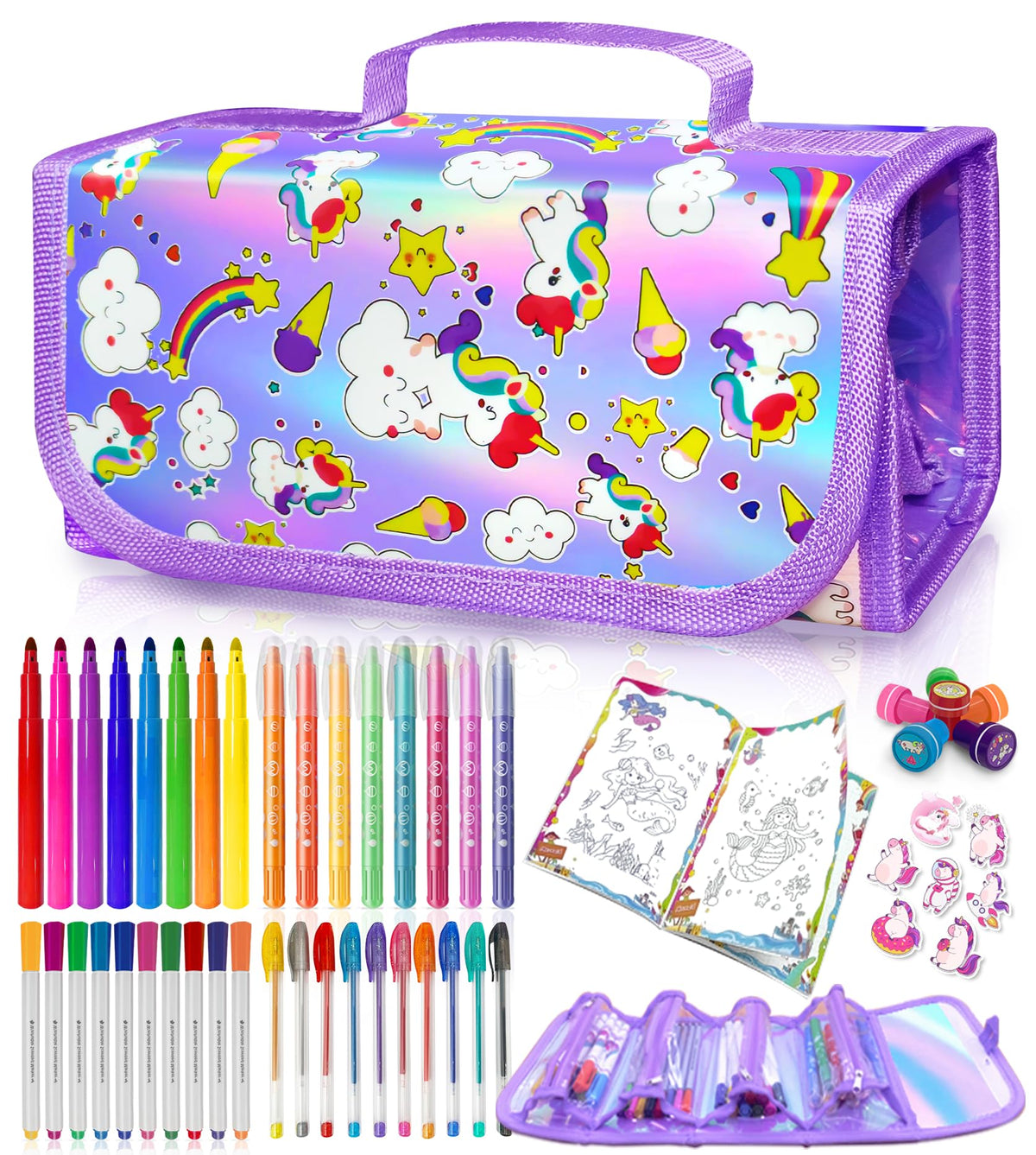 Weirtoya unicorn markers 56 piece in glitter pencil case for kids art sessions