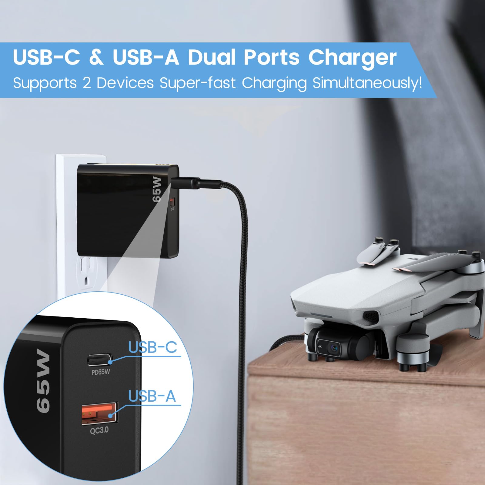 weishan PD65W compact black charger on a desk setup