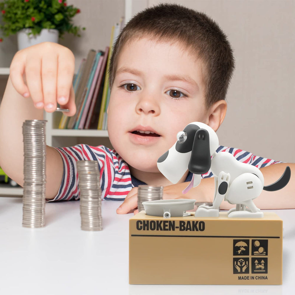 Wekity Hungry Dog Piggy Bank in action as dogs reach for coins.