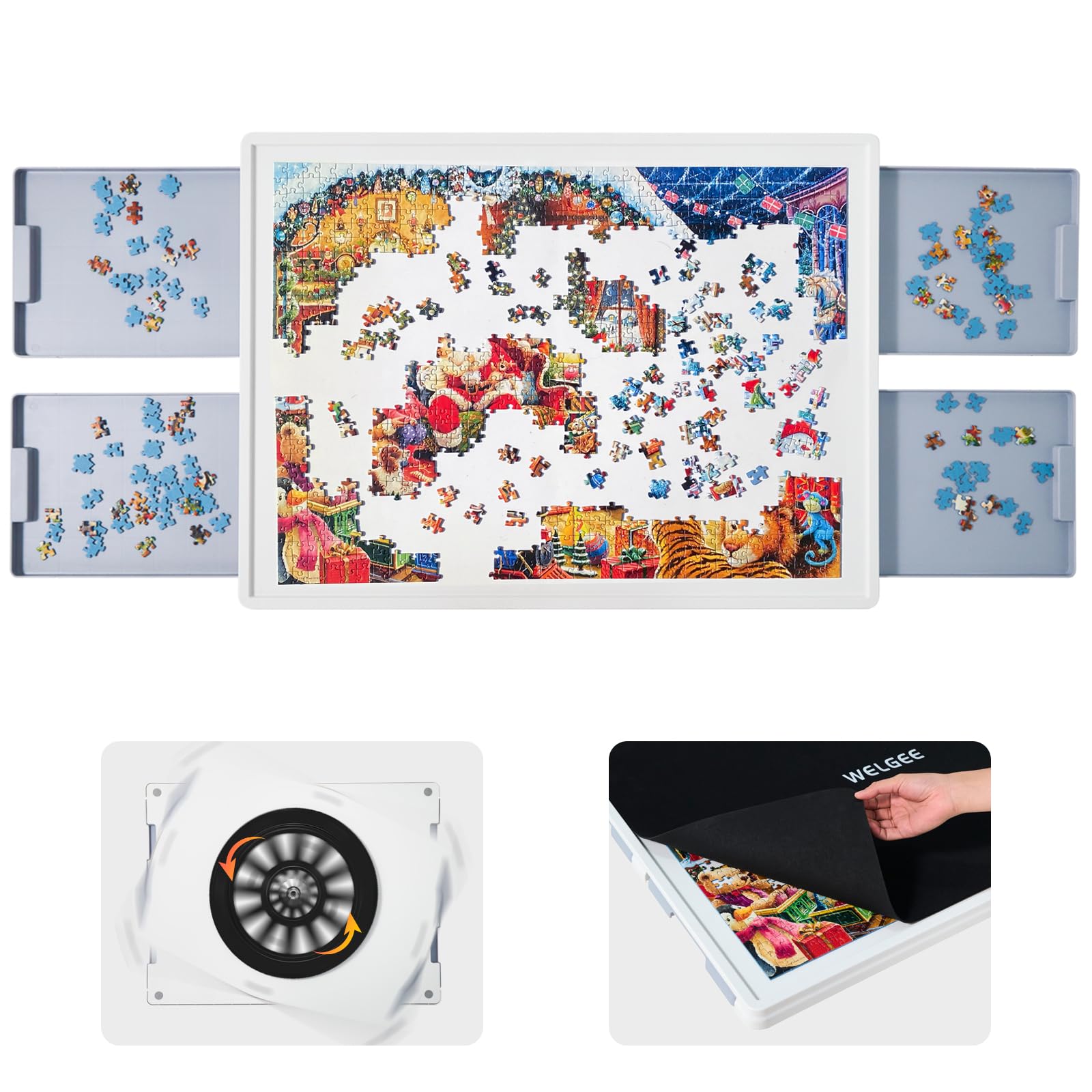 WELGEE rotating puzzle board with 360° access for easy, ergonomic puzzling.