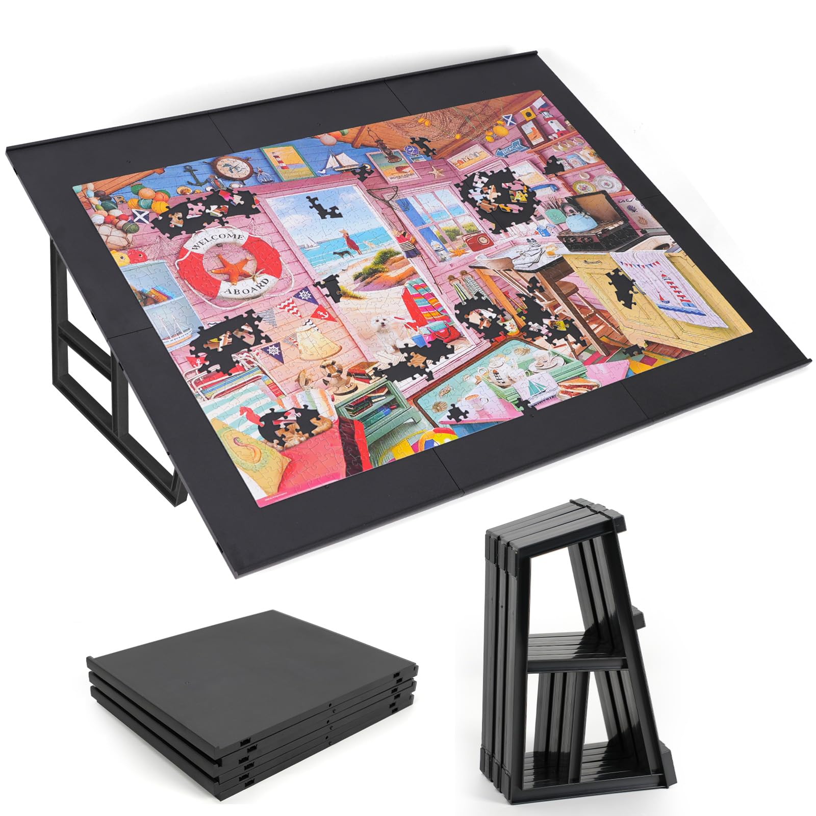 WELGEE tilting puzzle board stand demonstrating adjustable tilt for comfortable puzzling