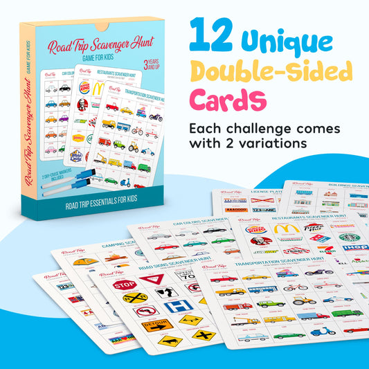 WELL BALANCED Car Bingo dry-erase markers included for easy scoring.