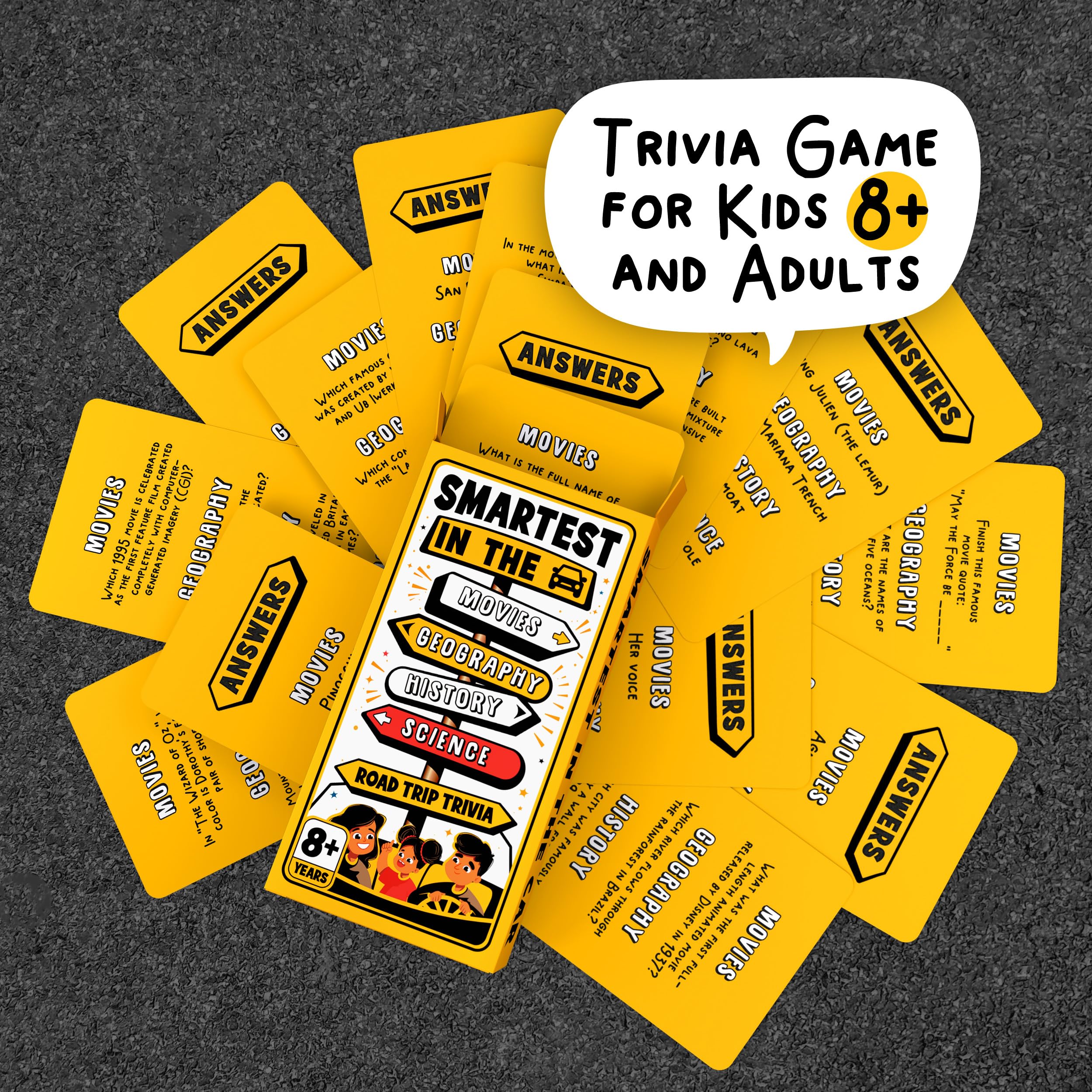 WELL BALANCED Road Trip Trivia question cards ready for quick road challenges.