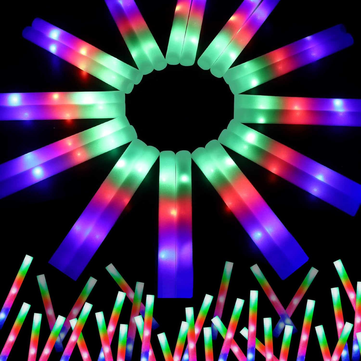 Wellent LED foam glow sticks bundle glowing in blue, red, and green for vibrant party lighting.
