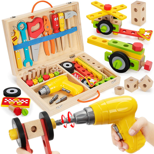 WEMEMORN kids toolset with electric drill in the wooden box for imaginative play