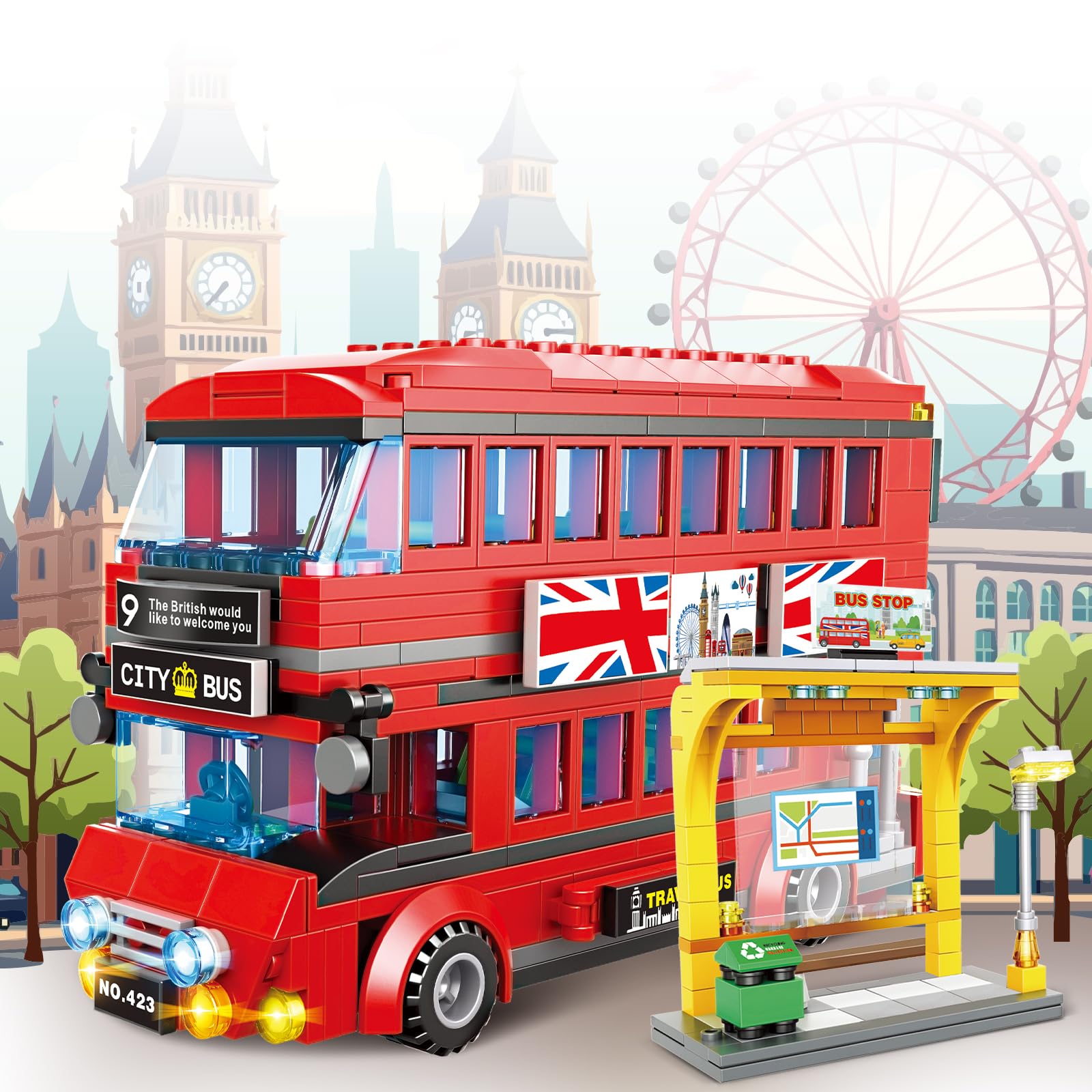 WEMEWEME London City Bus front view, ideal for display and pretend city tours.