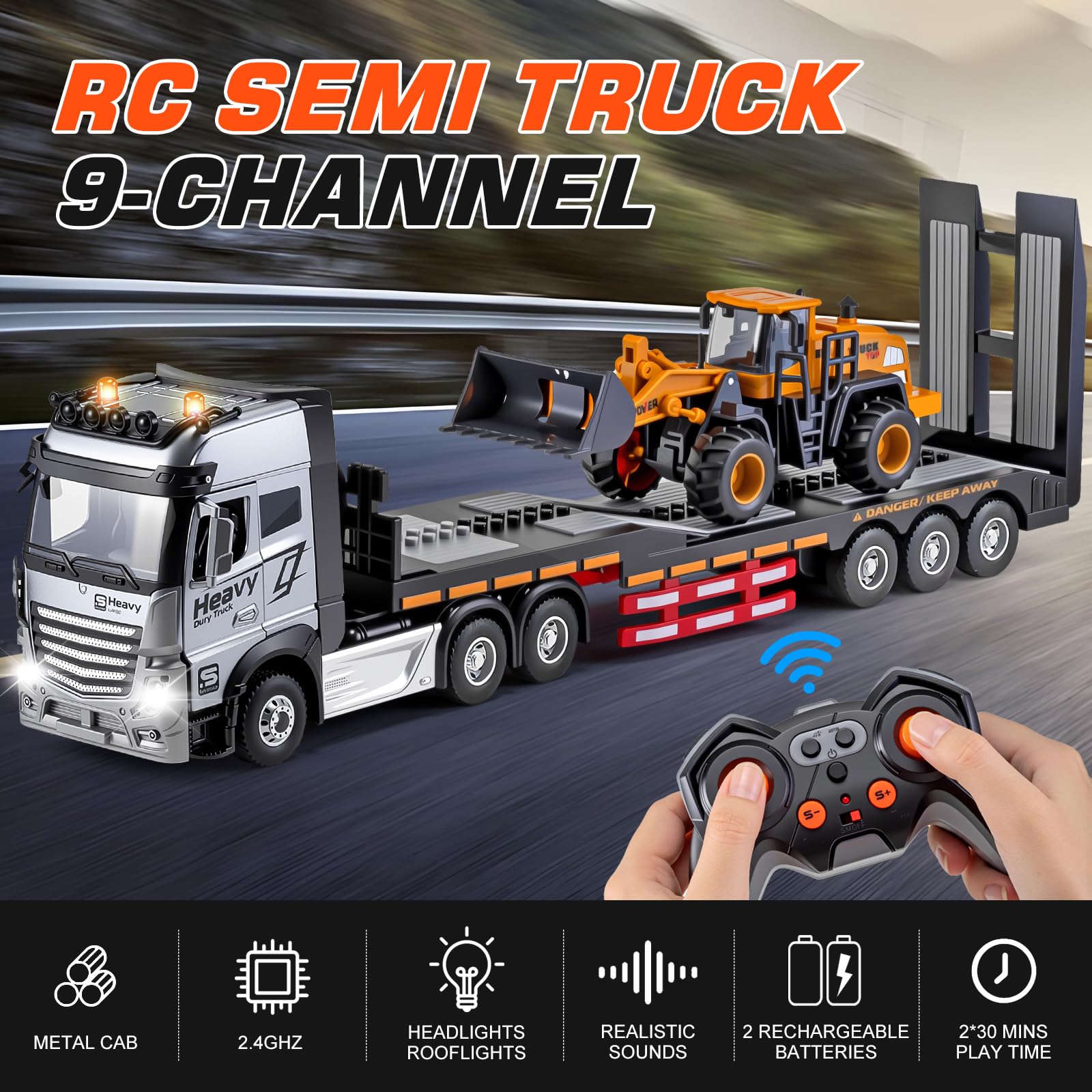 WEMOKA 9-channel RC semi-truck side view showing durable metal cab