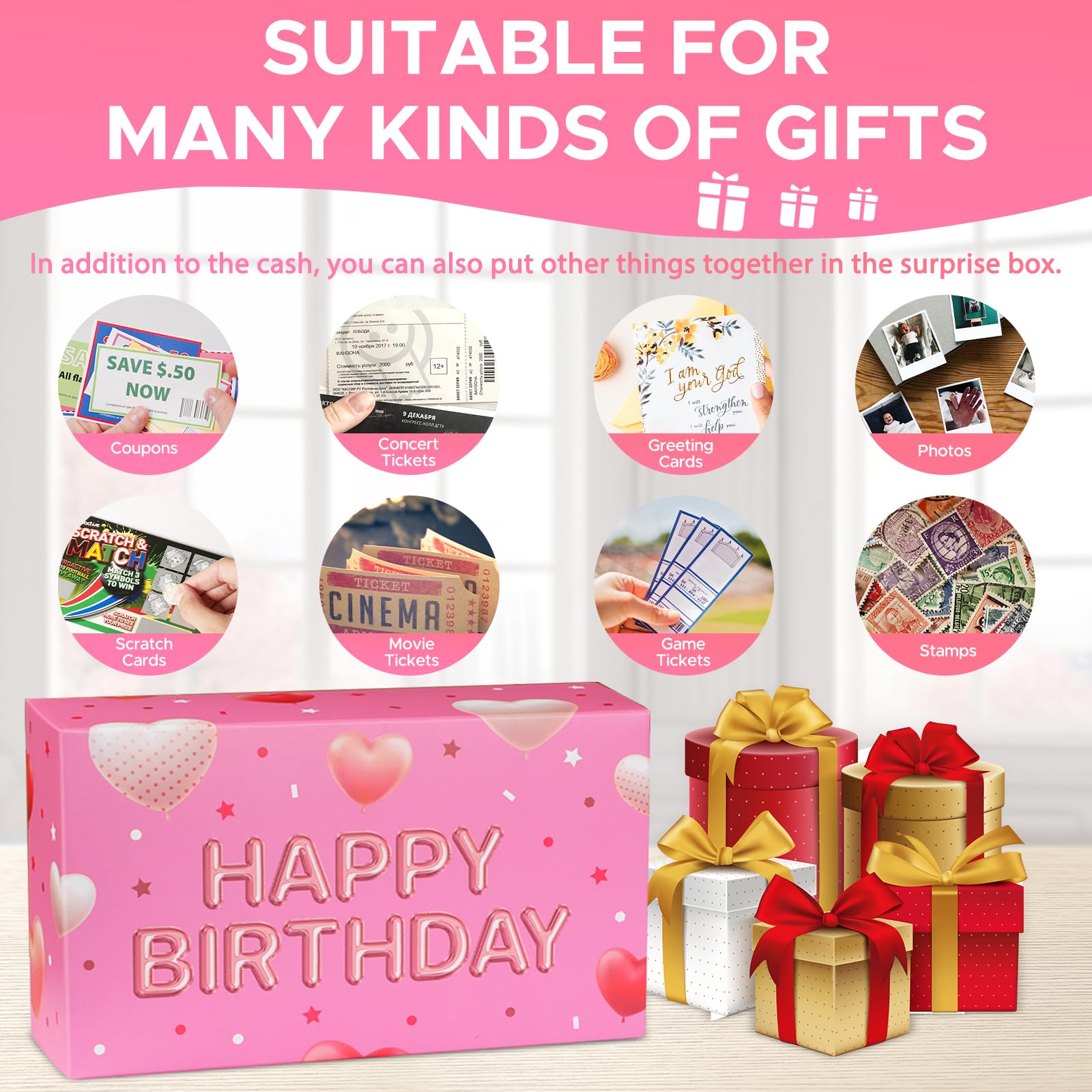 WenmthG inside gifts show cash, photos, and cards