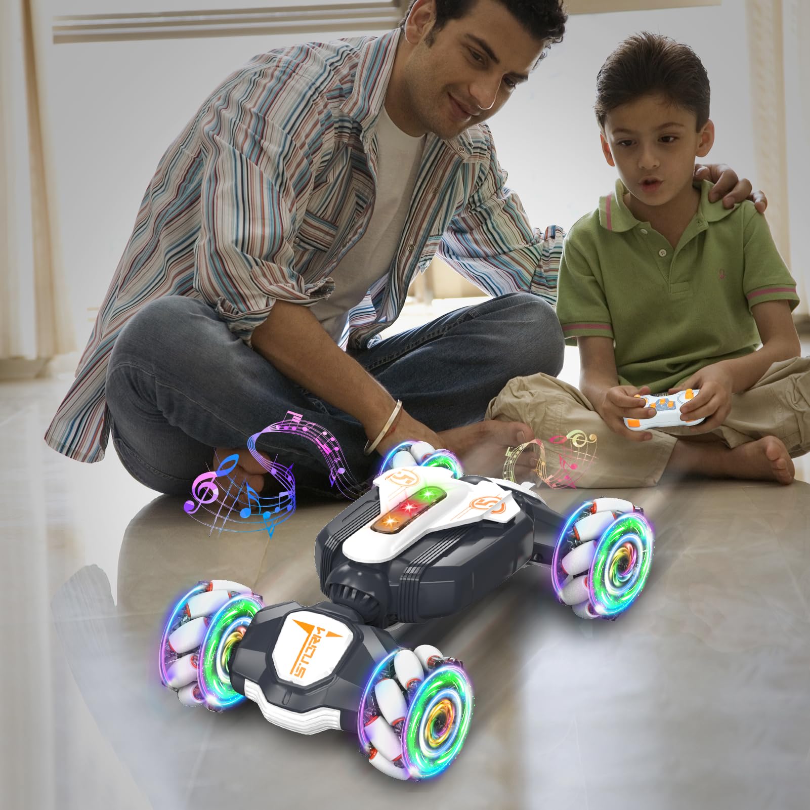 Weocar gesture-sensing RC stunt car side view showing 4WD grip