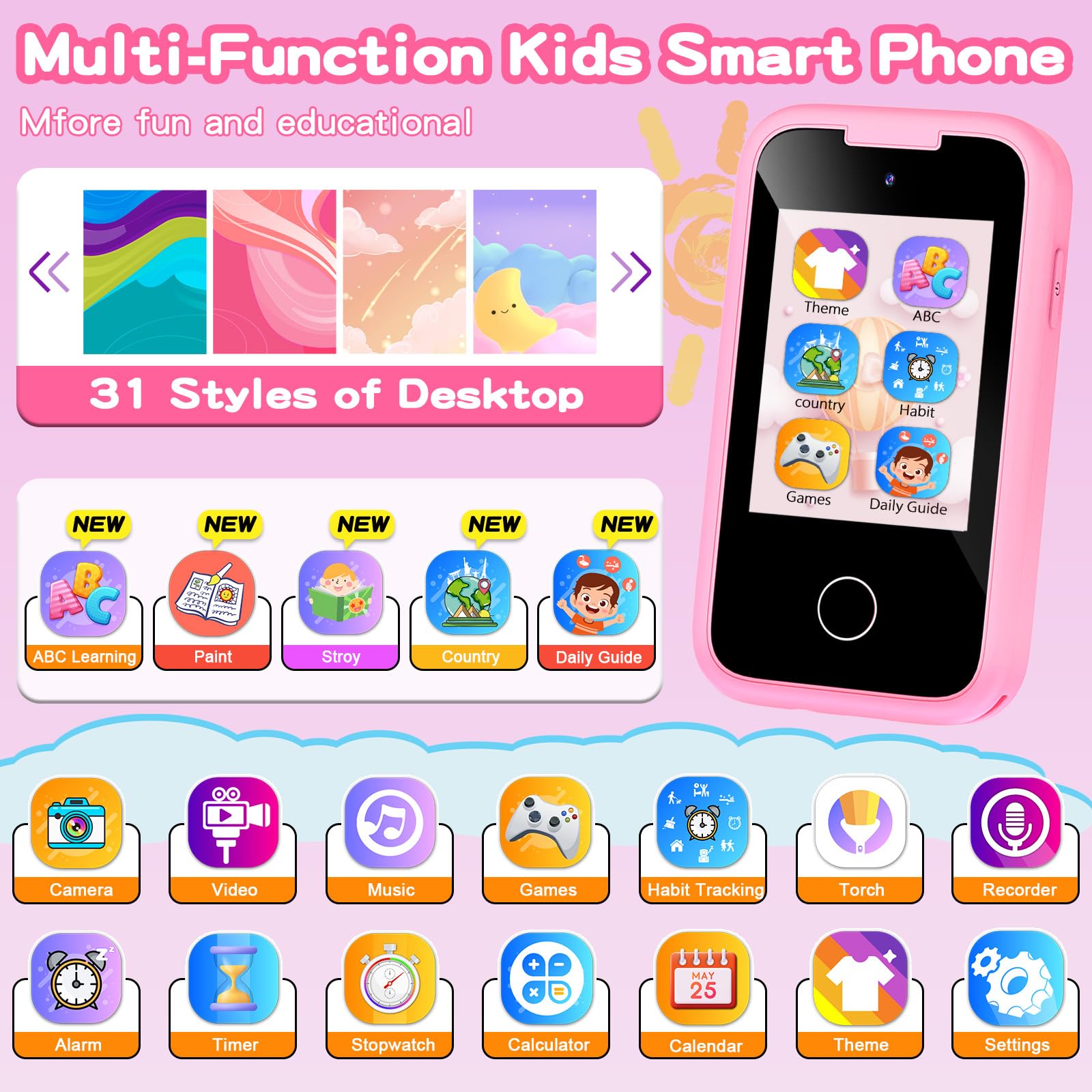 WEOLULI kids smartphone pink back view highlights portable design for on-the-go play.