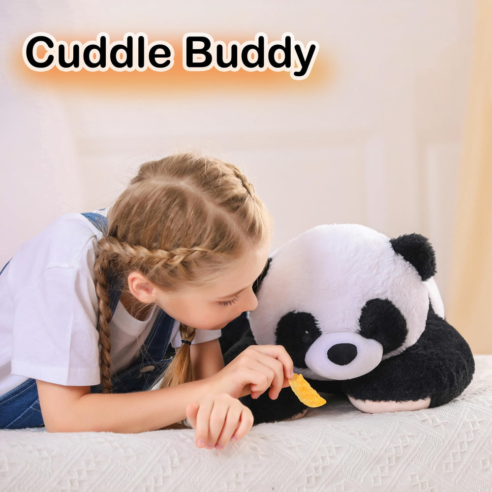 Wepop cuddly panda plush on a couch, cozy home decor.