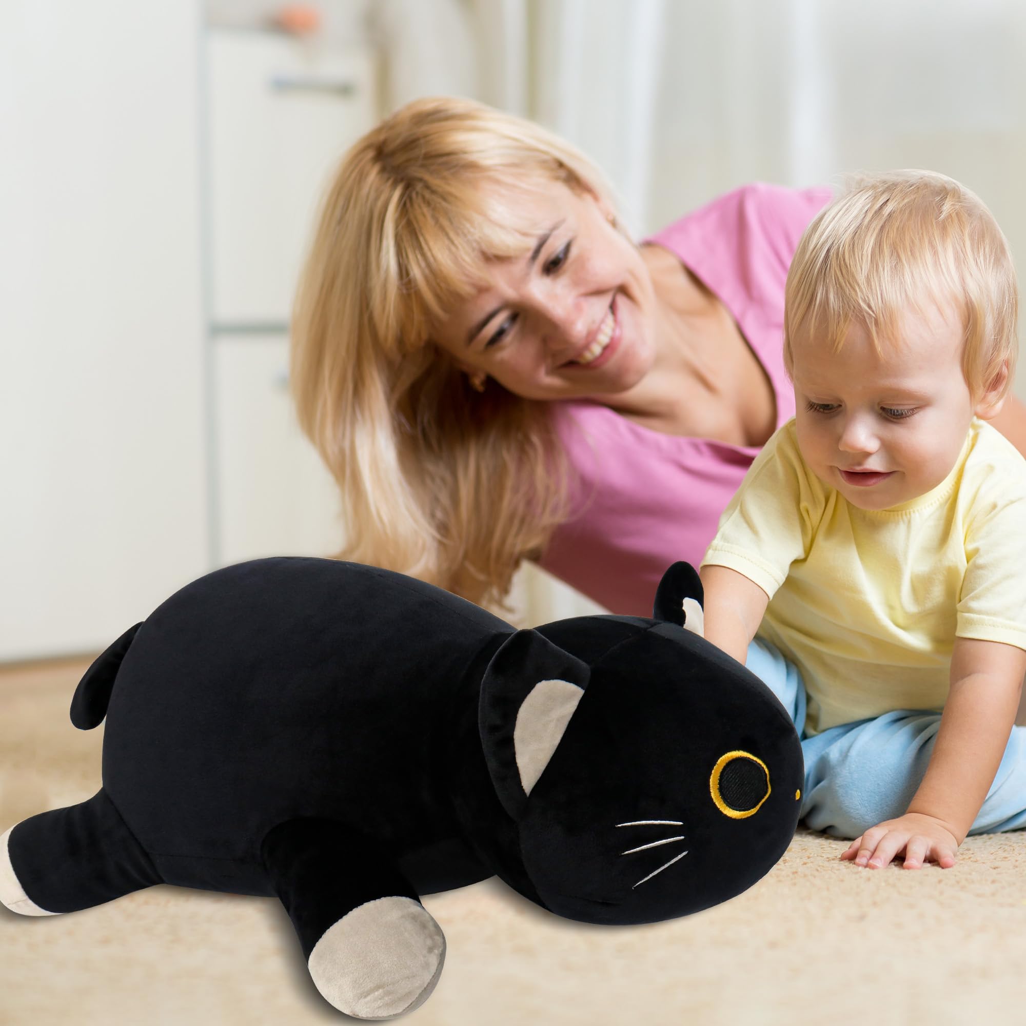 Wepop oversized cat plush provides supportive pillow for bedtime.