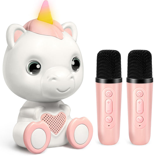 WERNNSAI unicorn mini karaoke front view highlighting kid-friendly design with glowing lights for home parties.