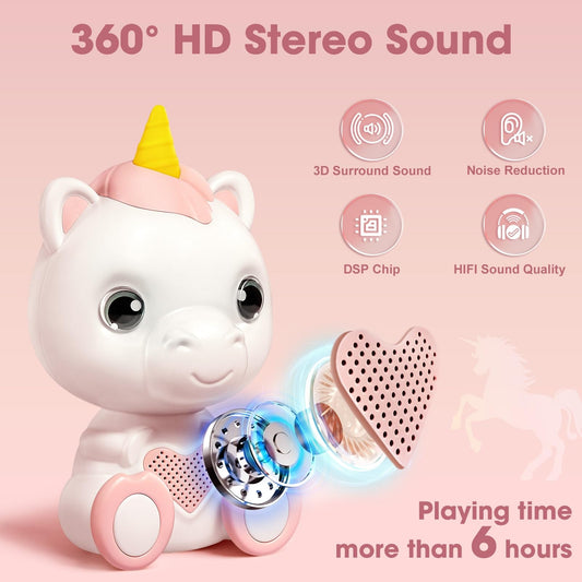 WERNNSAI unicorn mini karaoke side view with two mics for duet singing and fun.