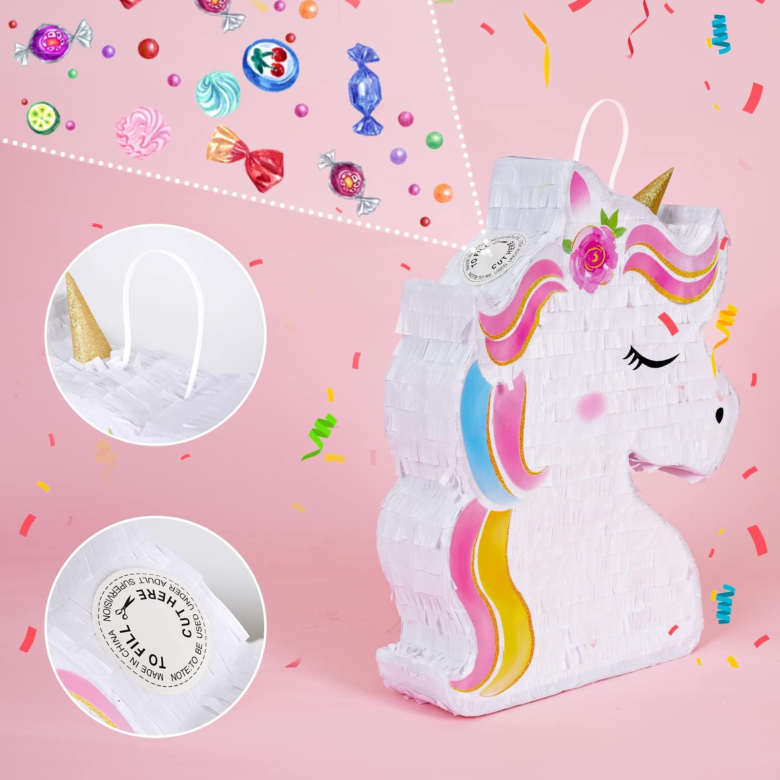 WERNNSAI Unicorn Piñata interior space fits up to 5 lbs of fillers.