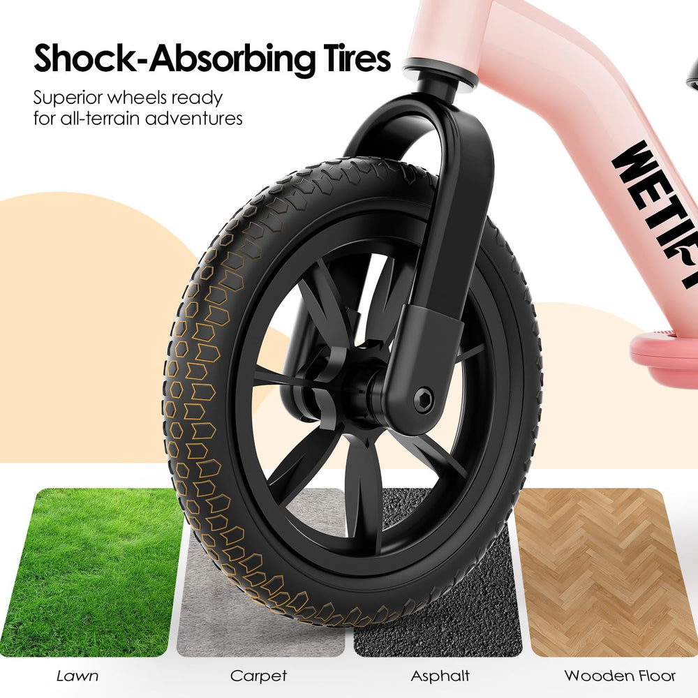 WETIFY Balance Bike pink all-terrain tires provide stability on grass and pavements.