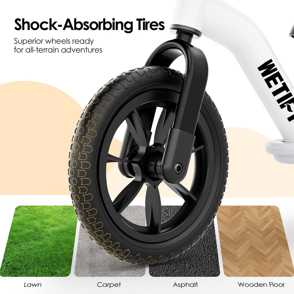 Wetify Balance Bike all-terrain tires offer smooth rides on grass and sidewalks.