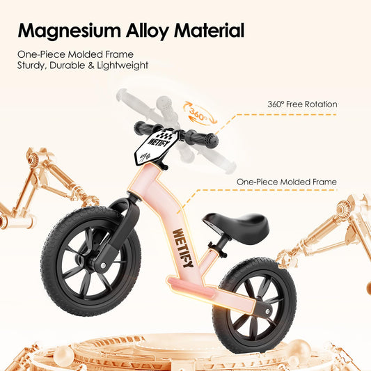 WETIFY Balance Bike pink footrest helps kids glide with feet off the ground.
