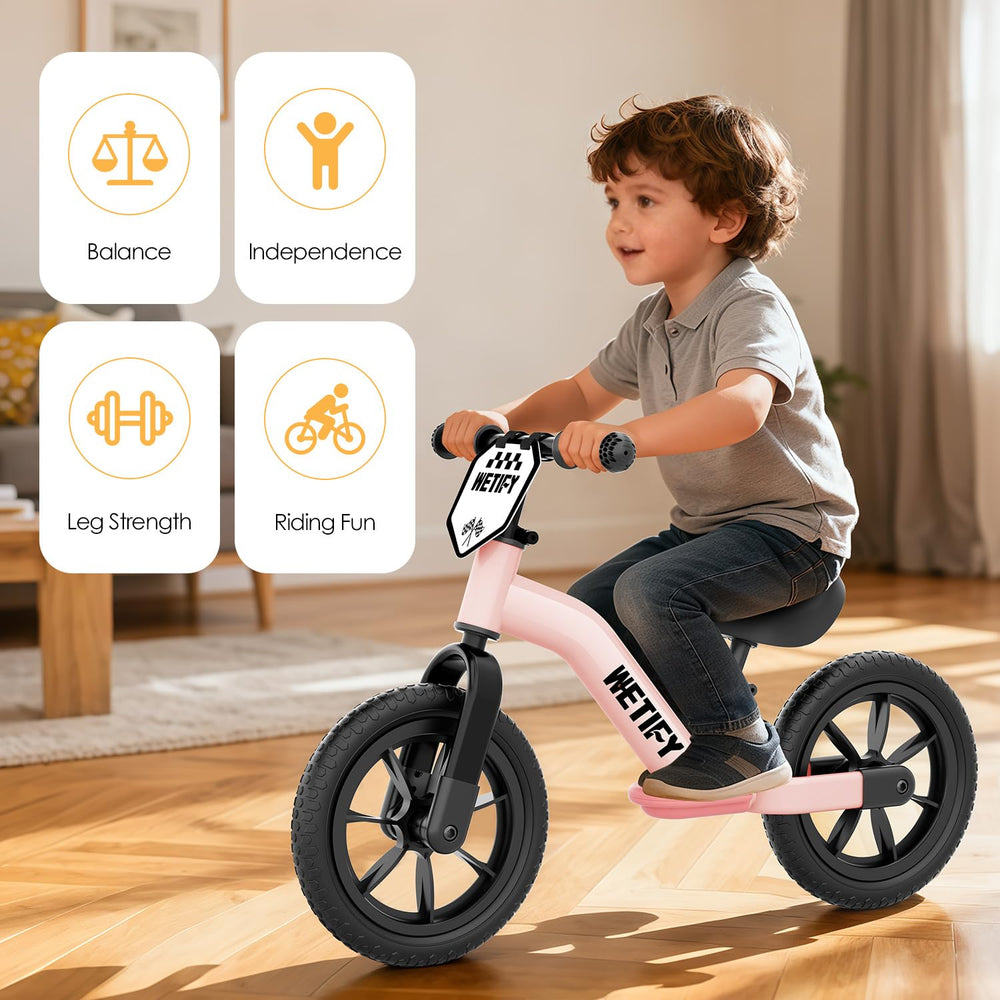 WETIFY Balance Bike pink shows a child gliding with balance practice.