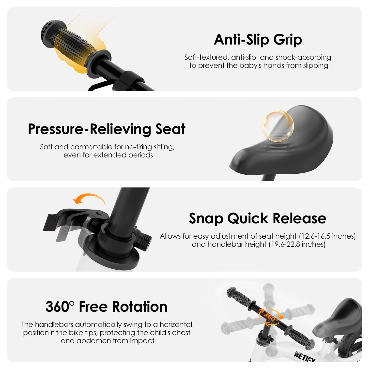 Wetify Balance Bike rubber grips provide secure handling for learning riders.