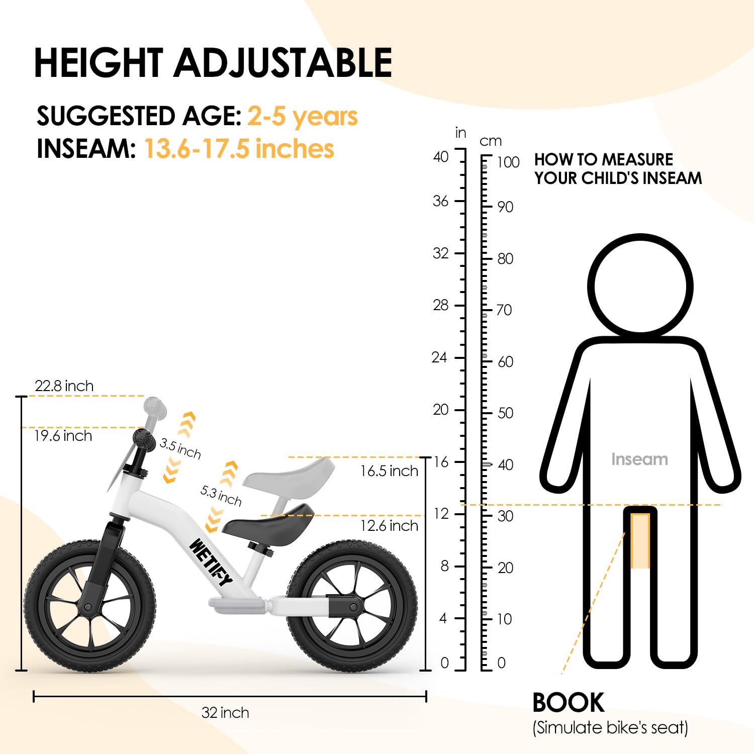 Wetify Balance Bike seat and handlebar range support proper riding posture as kids grow.