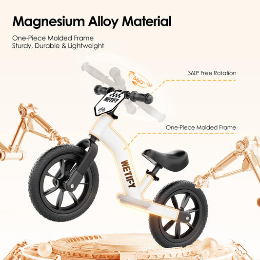 Wetify Balance Bike side view highlights adjustable seat and handlebars for growing children.