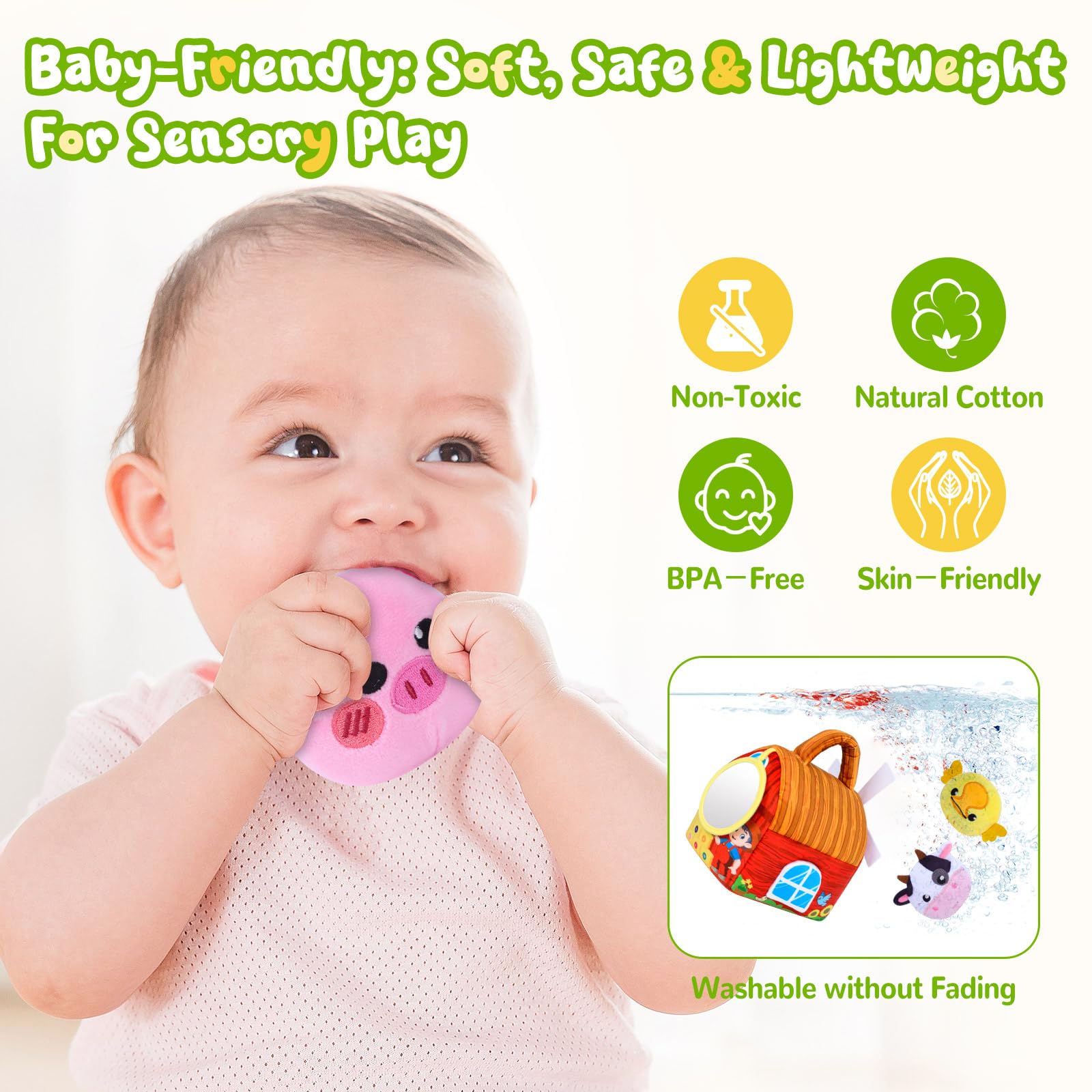 WETRBWEH Barn Farm squeaker provides soft audio cues for curious babies.