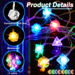 Close-up of Wettarn polyhedral dice lights showing acrylic shells and cool touch