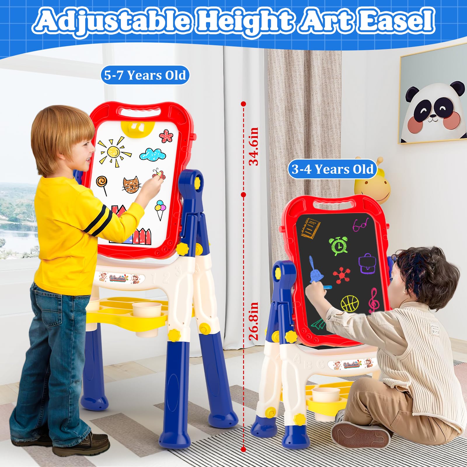 Weudear kids art easel with dry erase surface for doodling and writing.