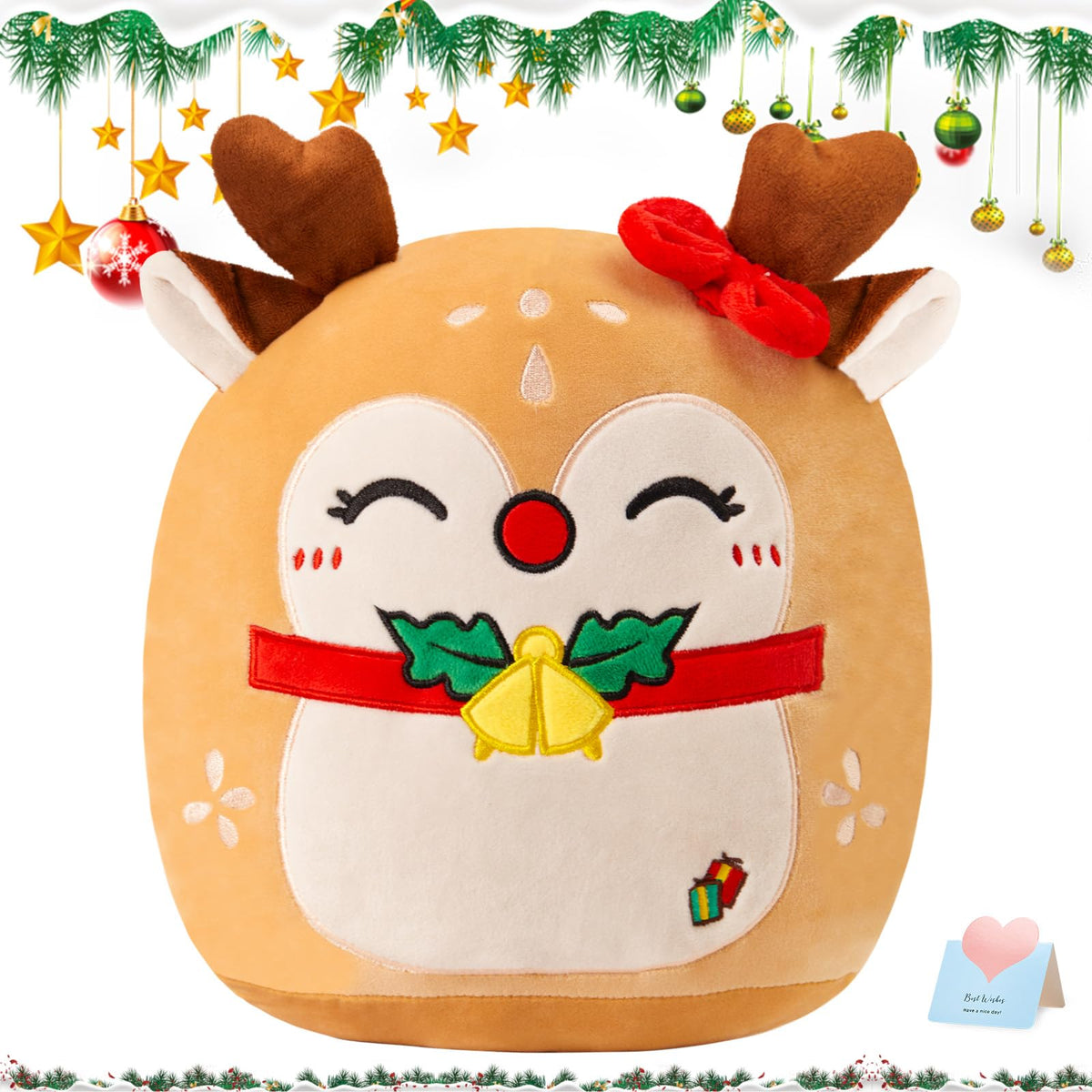 WEWILL Christmas Deer Plush Pillow 12in, cozy cuddle buddy for kids and adults.