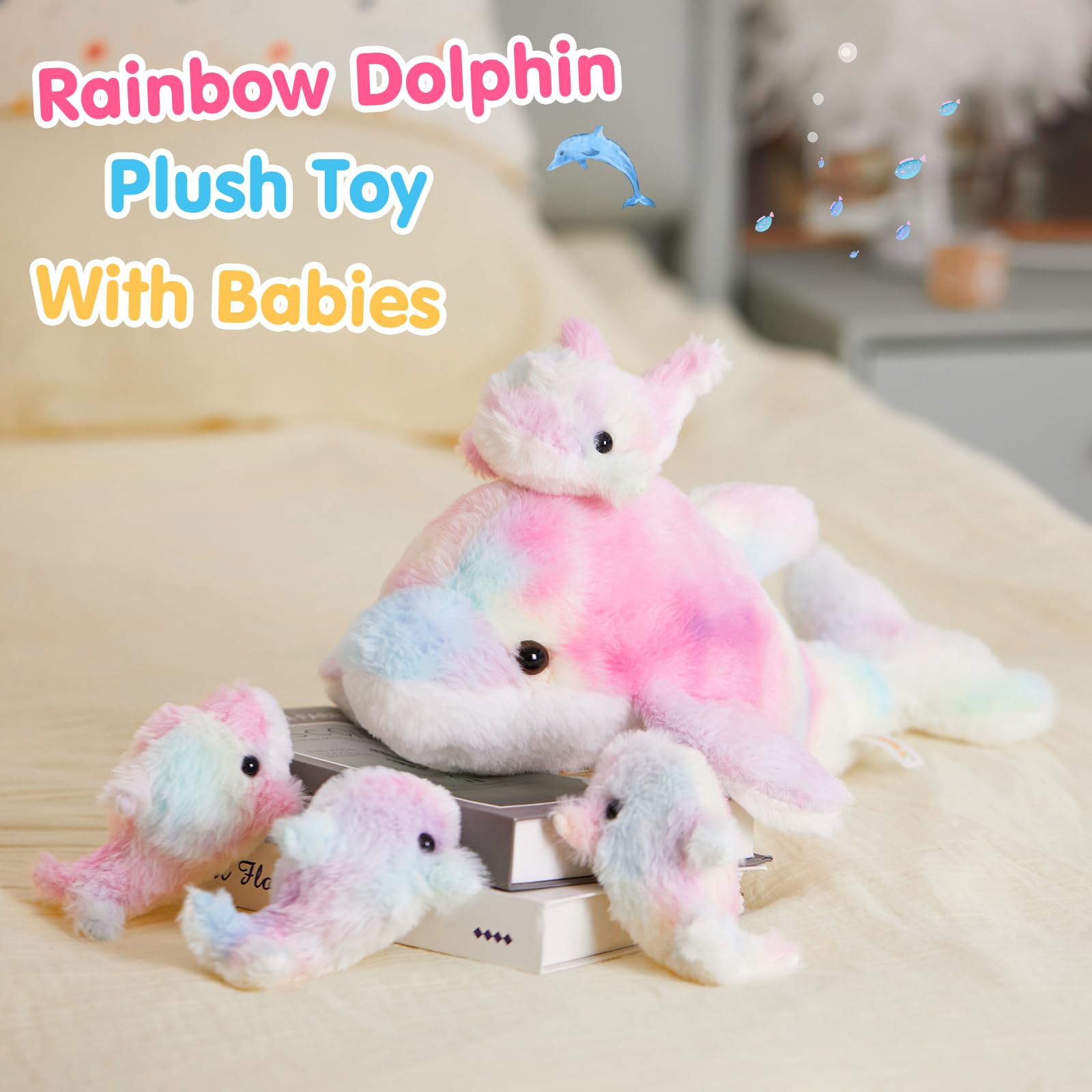 WEWILL rainbow dolphin 5-inch baby plush, portable travel companion.
