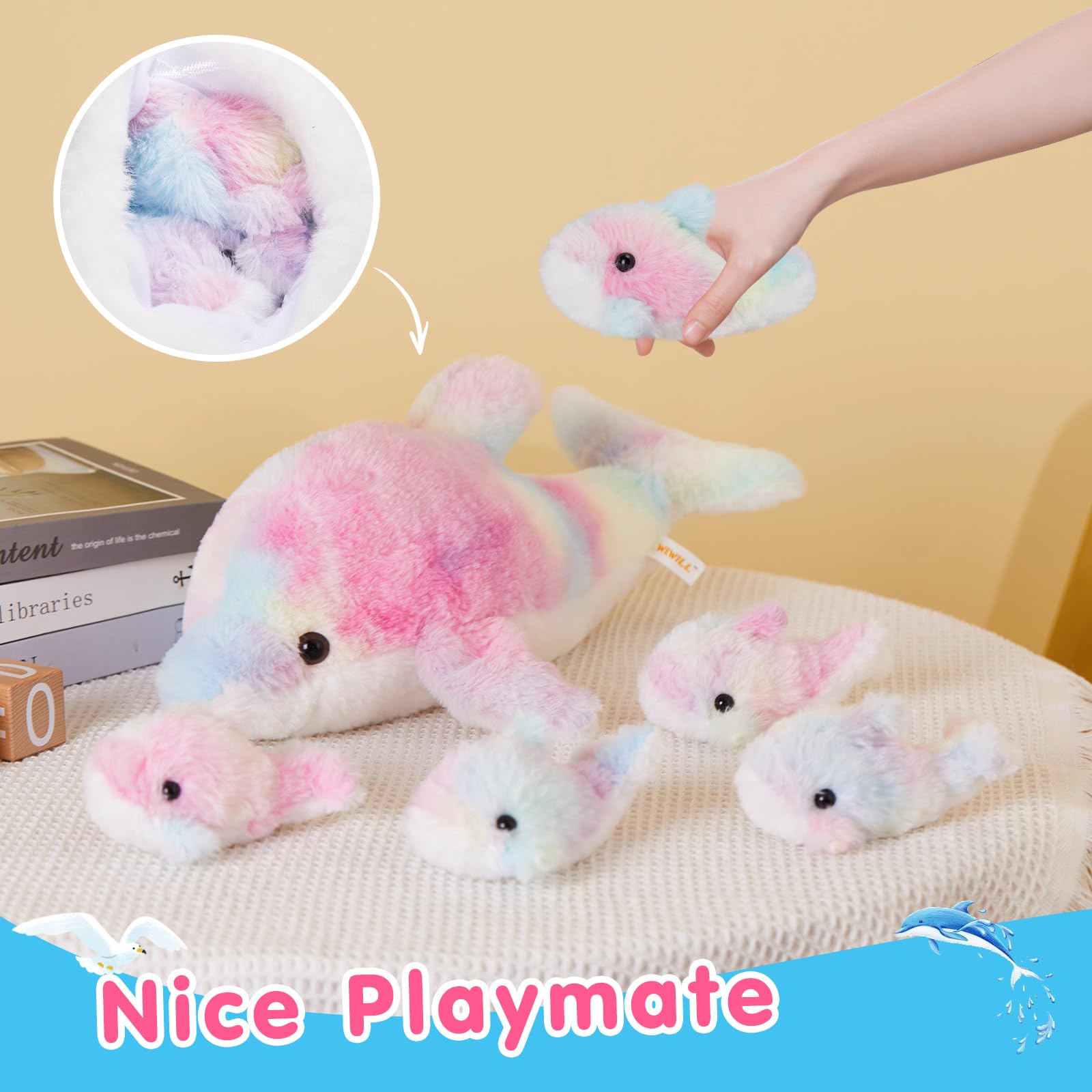 WEWILL rainbow dolphin 5-inch baby plush, perfect for classroom rewards.
