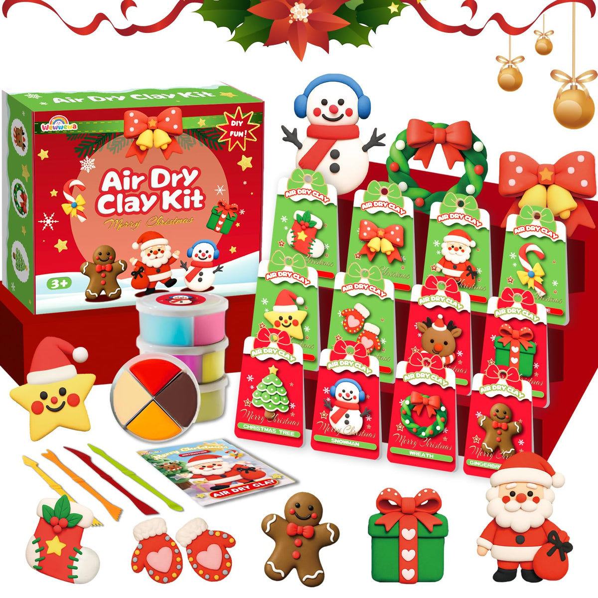 Wewwewa Air Dry Clay Kit: Christmas ornaments set, colorful and kid-friendly